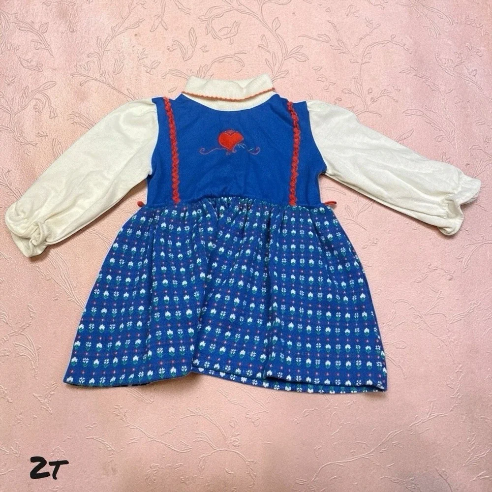 Health Tex Dress Girls Size 2T Red White‎ Blue Vintage Red Heart Folk Print
